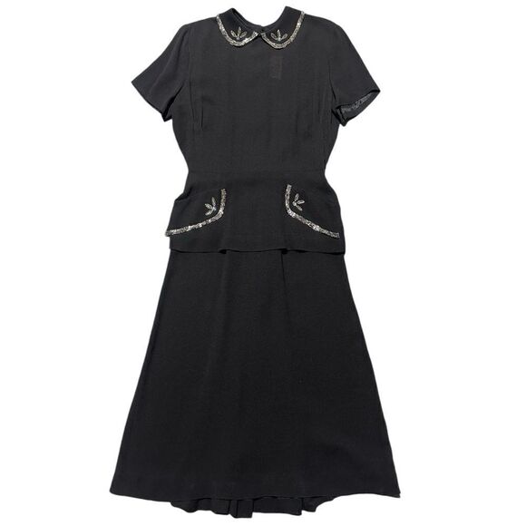 Babs Junior 1940s True Vintage Black Crepe Peplum Dress with Beaded Trimming - Picture 2 of 16